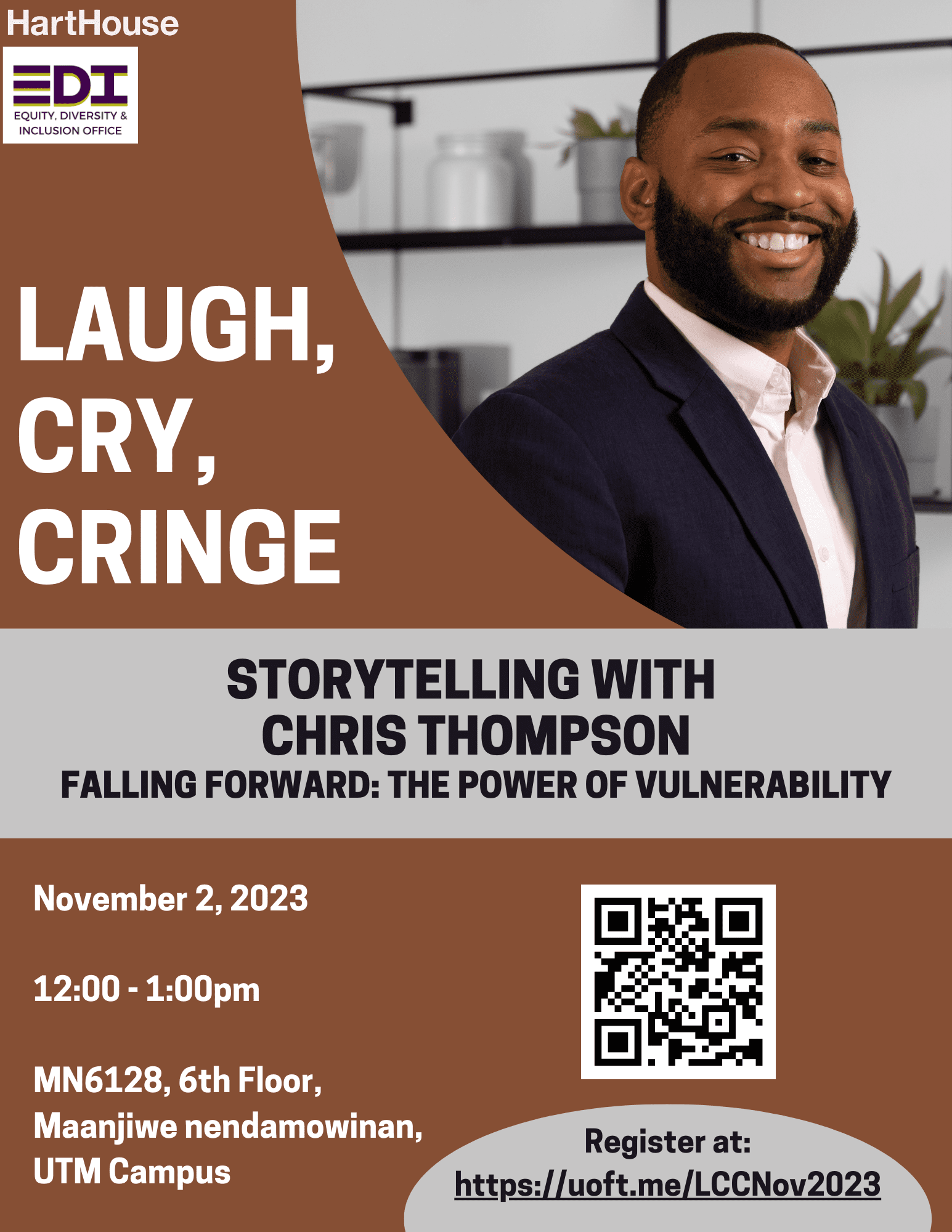 LCC – Storytelling Poster for Laugh, Cry, Cringe Storytelling Event with Chris Thompson